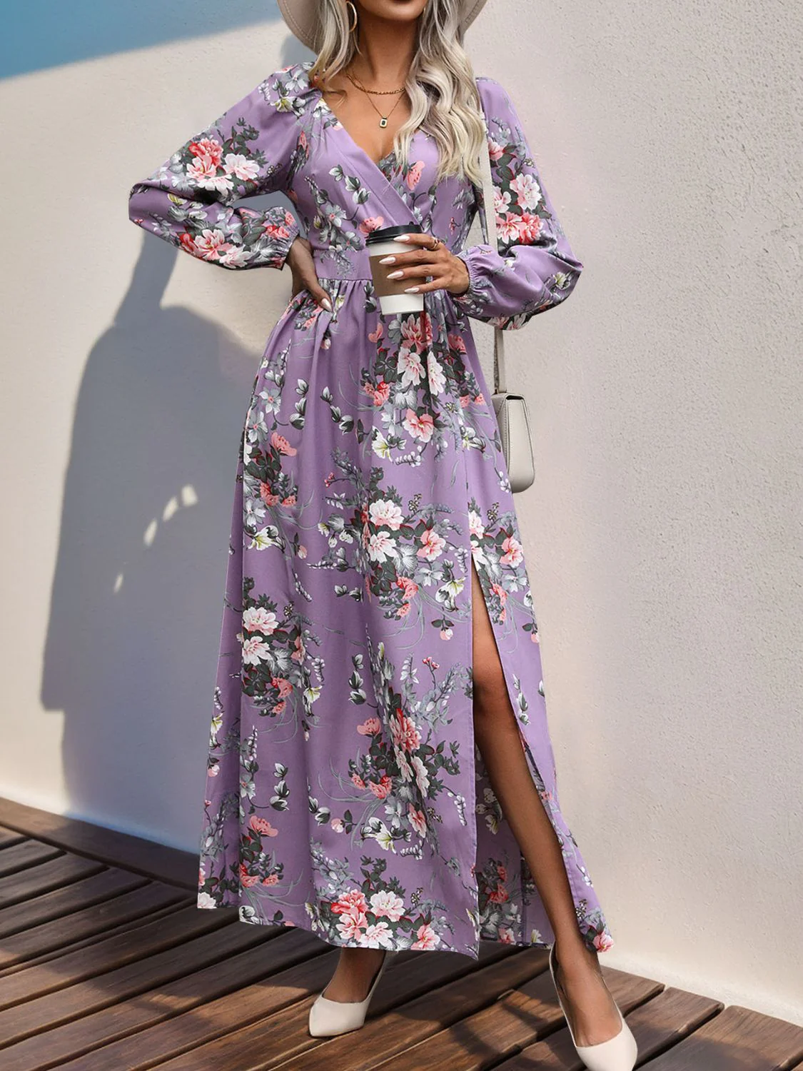 Perfee Slit Printed Surplice Long Sleeve Maxi Dress - Image 10