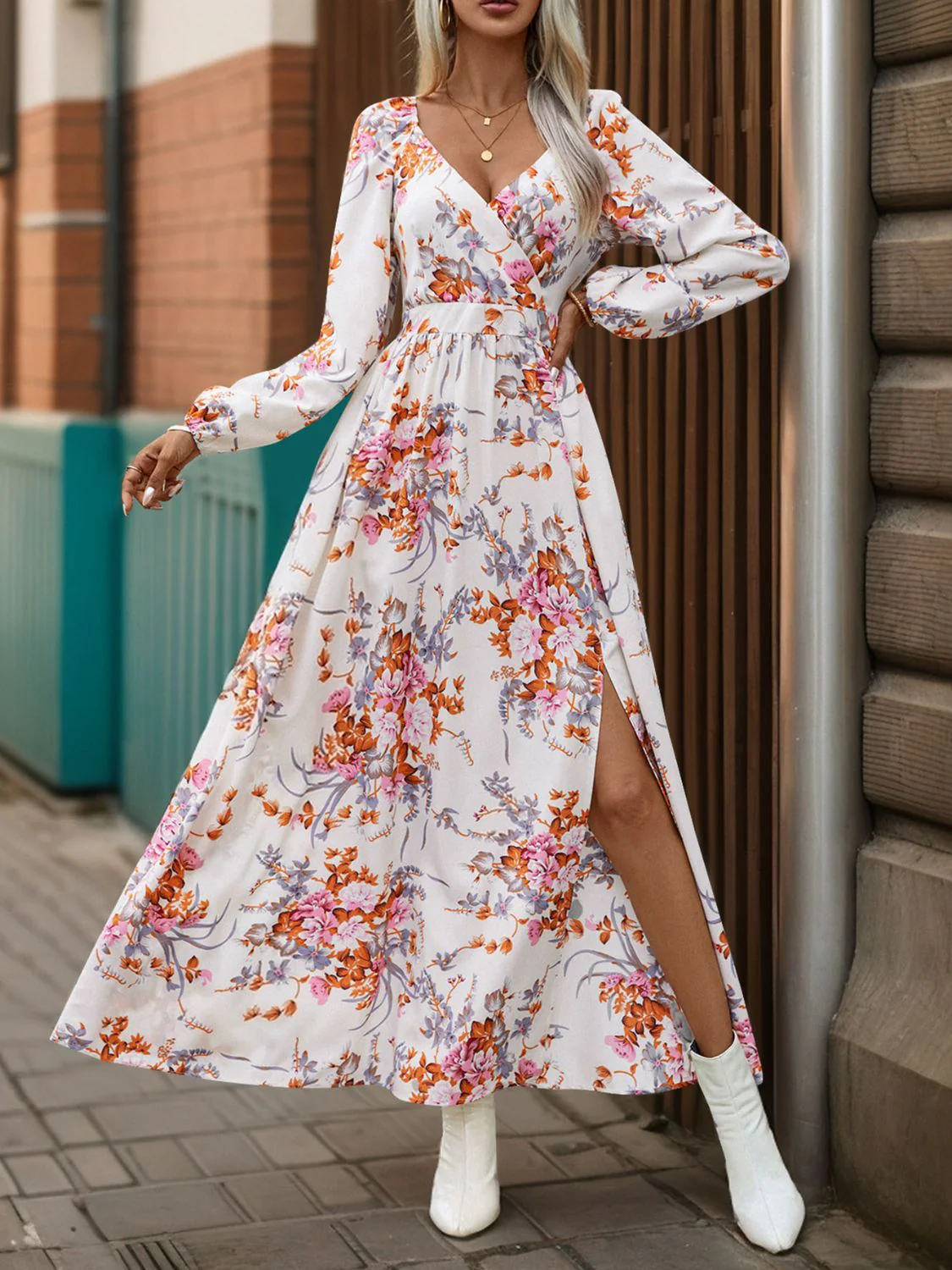 Perfee Slit Printed Surplice Long Sleeve Maxi Dress - Image 13