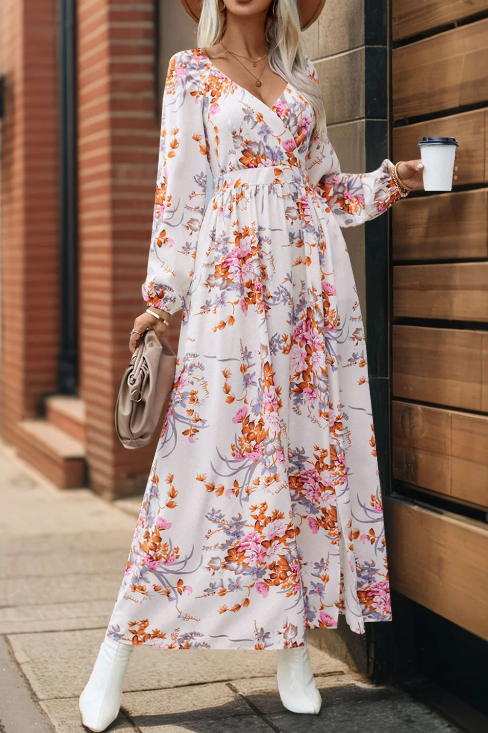 Perfee Slit Printed Surplice Long Sleeve Maxi Dress - Image 14