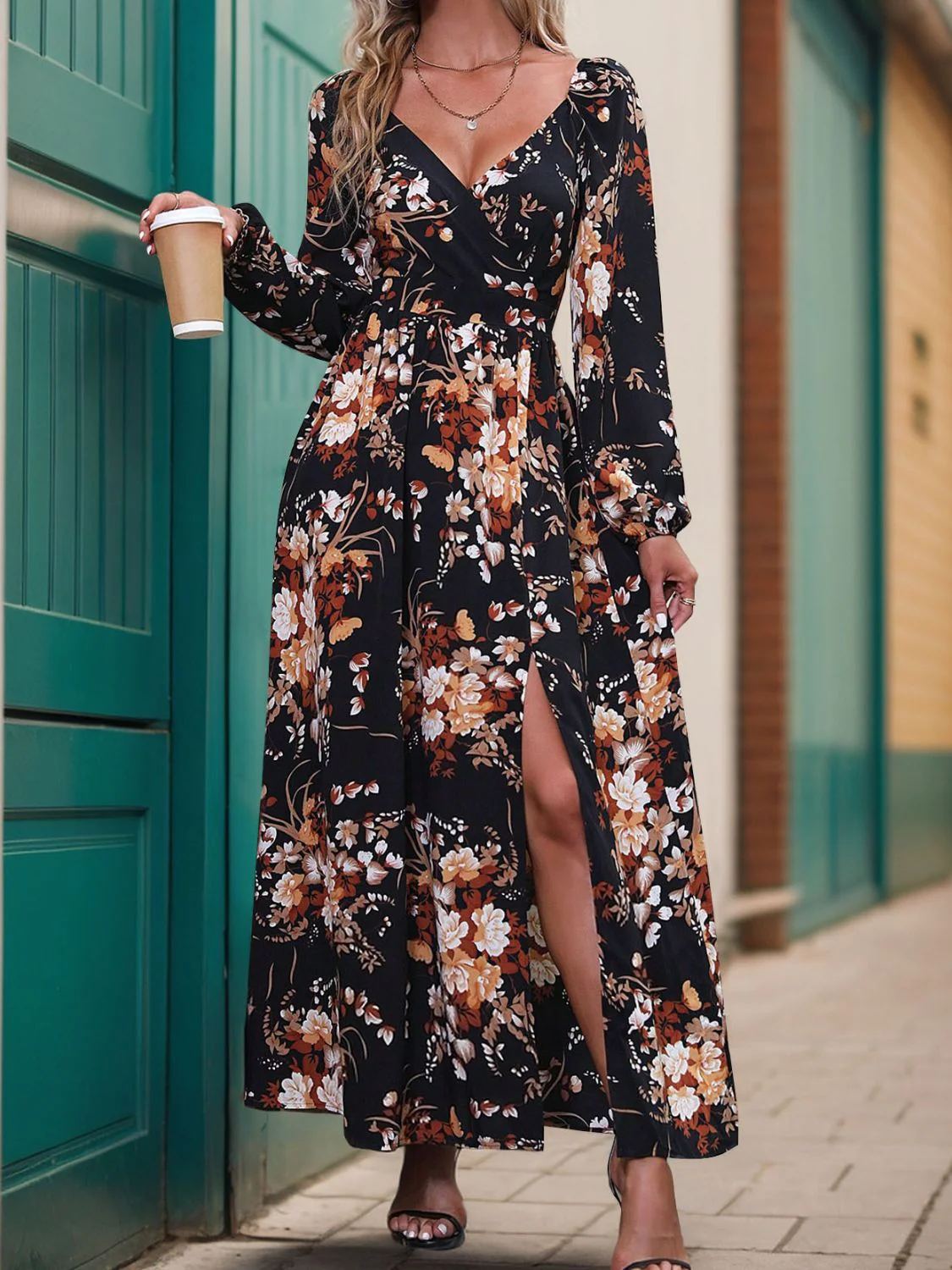 Perfee Slit Printed Surplice Long Sleeve Maxi Dress - Image 3