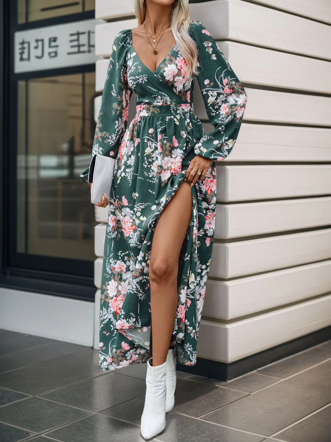 Perfee Slit Printed Surplice Long Sleeve Maxi Dress - Image 5