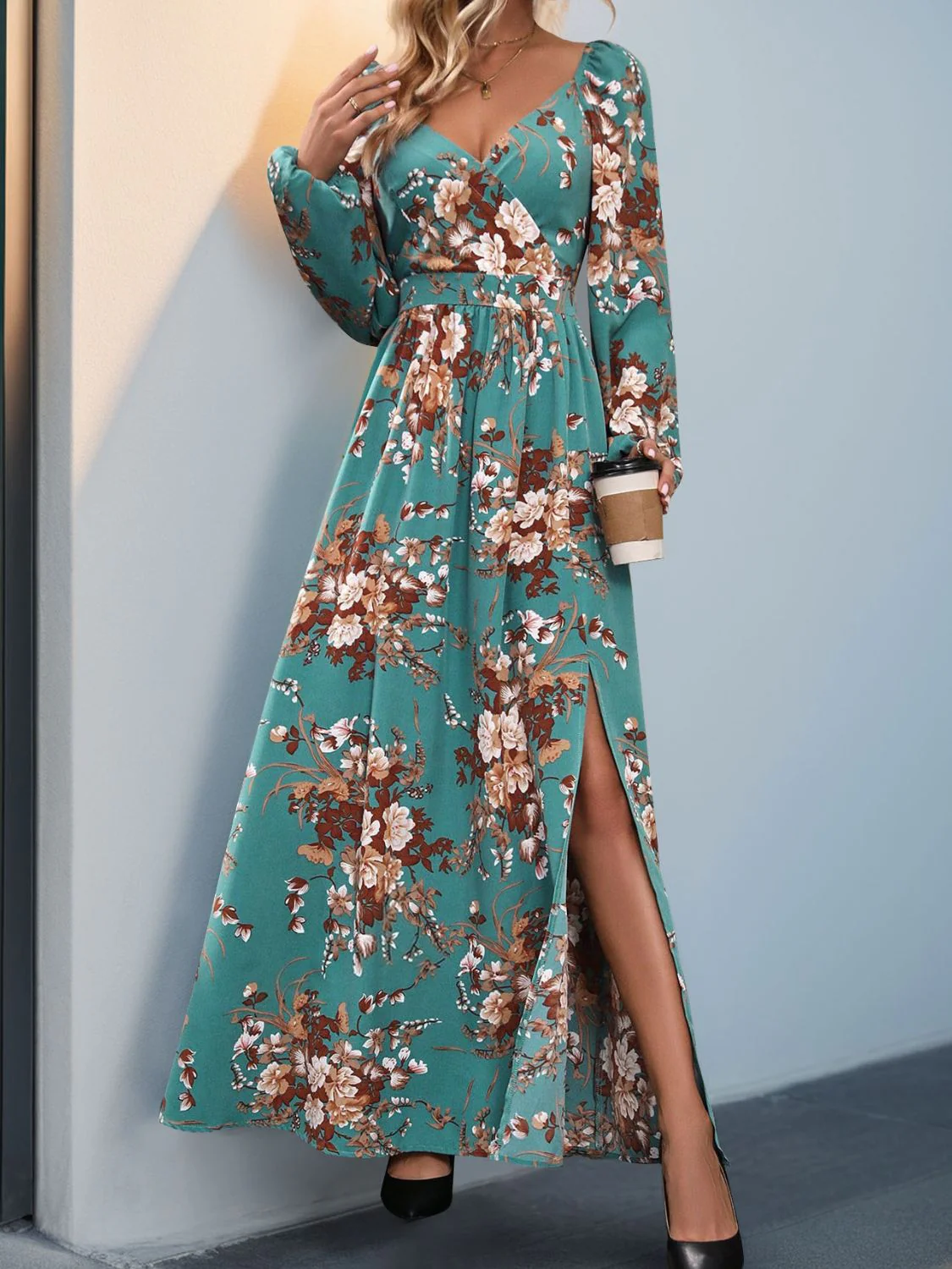 Perfee Slit Printed Surplice Long Sleeve Maxi Dress - Image 7