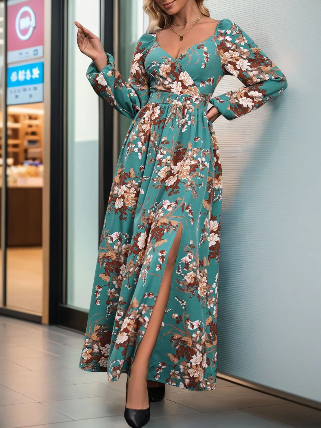 Perfee Slit Printed Surplice Long Sleeve Maxi Dress - Image 8