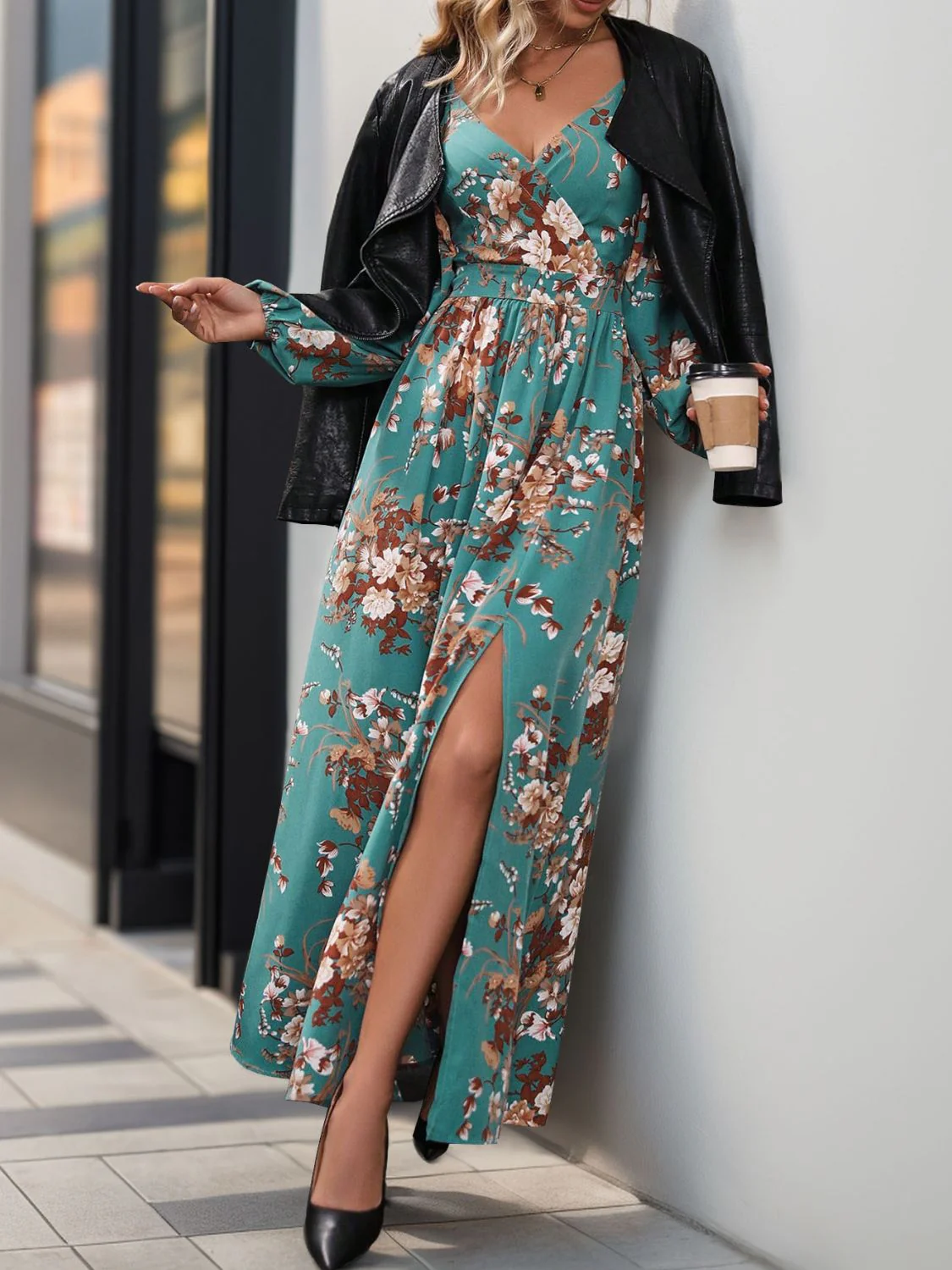 Perfee Slit Printed Surplice Long Sleeve Maxi Dress - Image 9