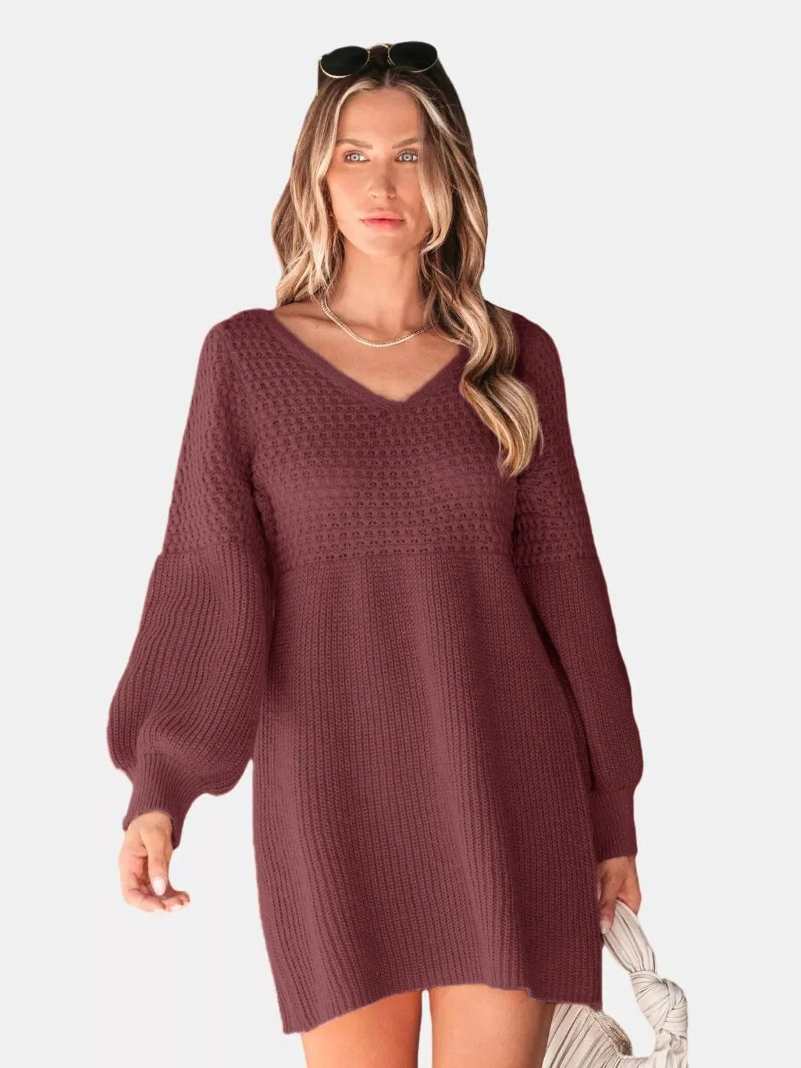 Perfee V-Neck Long Sleeve Sweater Dress - Image 4