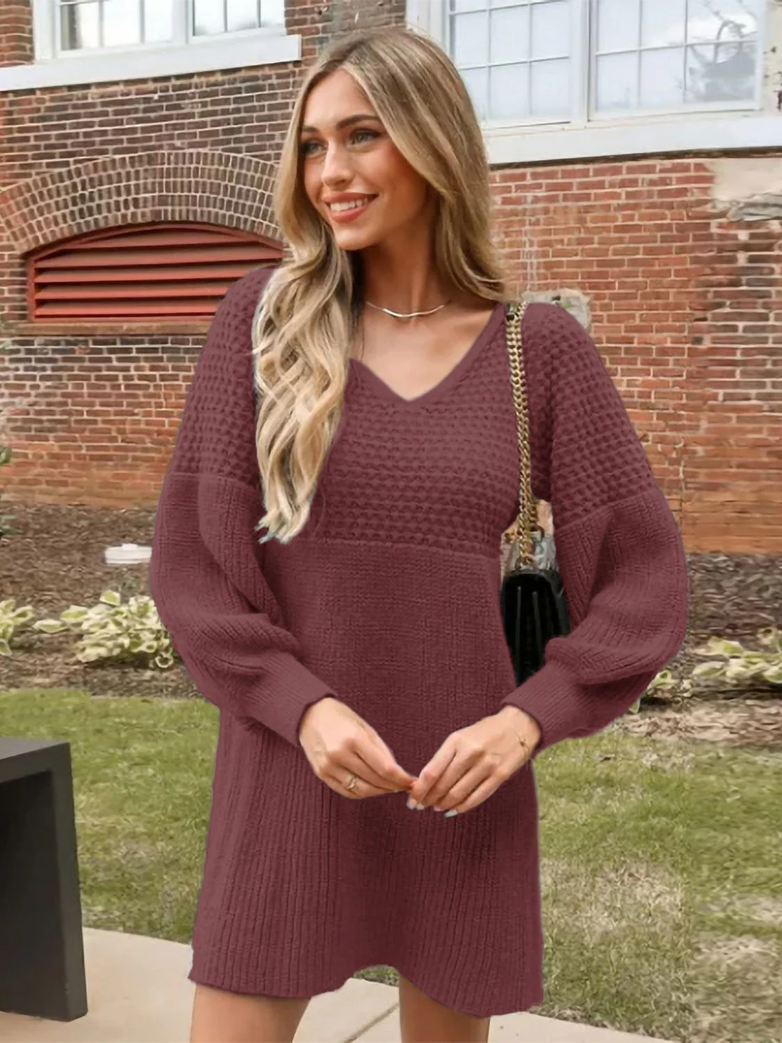 Perfee V-Neck Long Sleeve Sweater Dress - Image 5