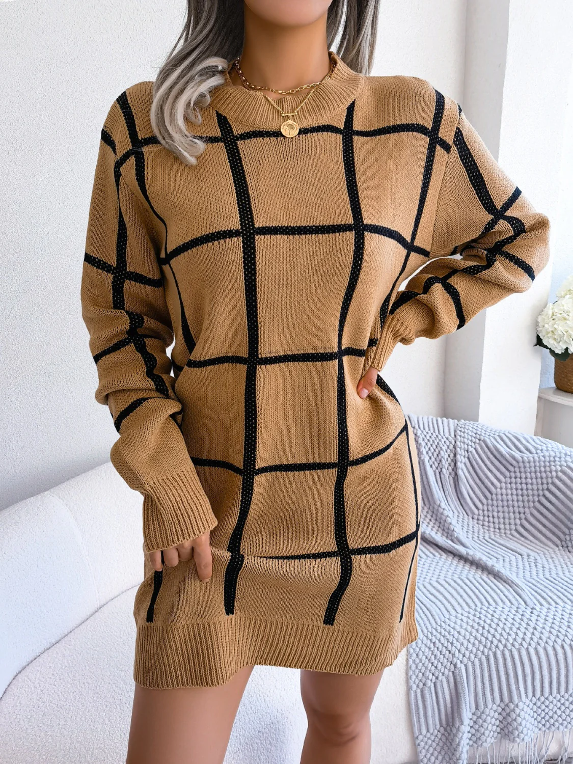 Plaid Round Neck Dropped Shoulder Sweater Dress - Image 10