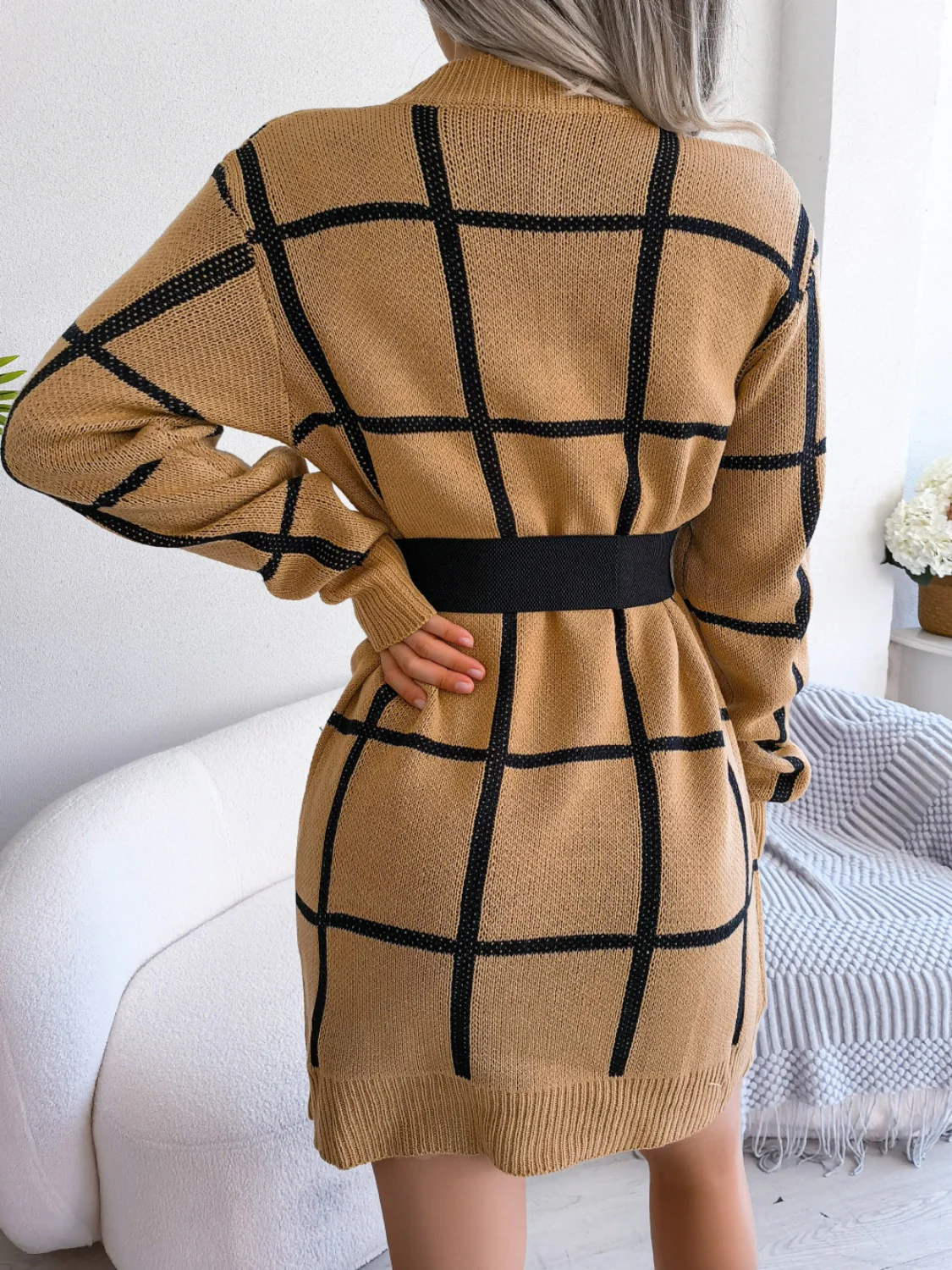 Plaid Round Neck Dropped Shoulder Sweater Dress - Image 12