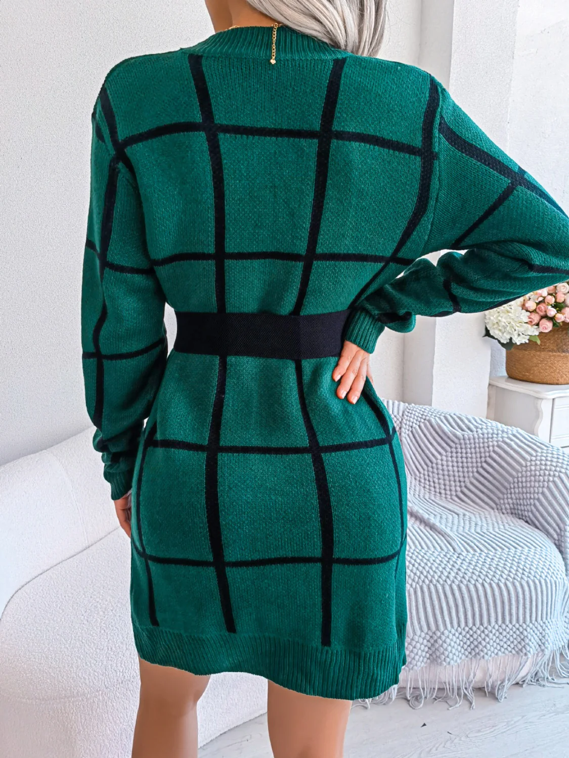 Plaid Round Neck Dropped Shoulder Sweater Dress - Image 4