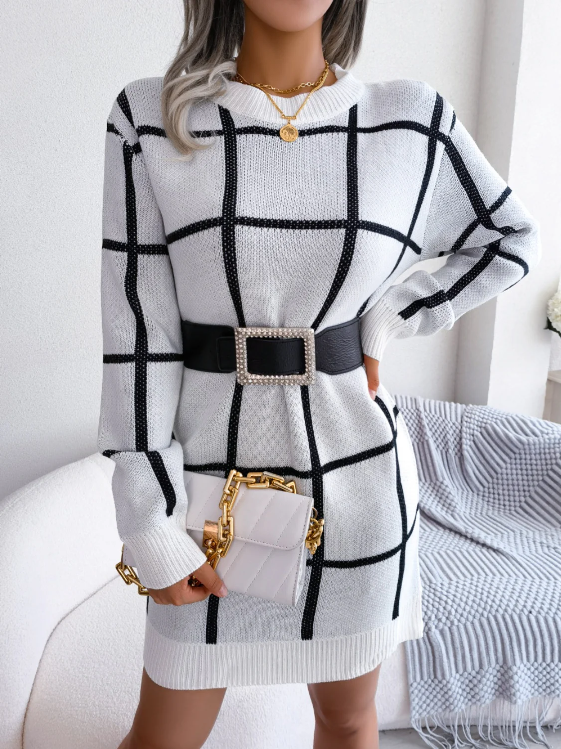 Plaid Round Neck Dropped Shoulder Sweater Dress - Image 5
