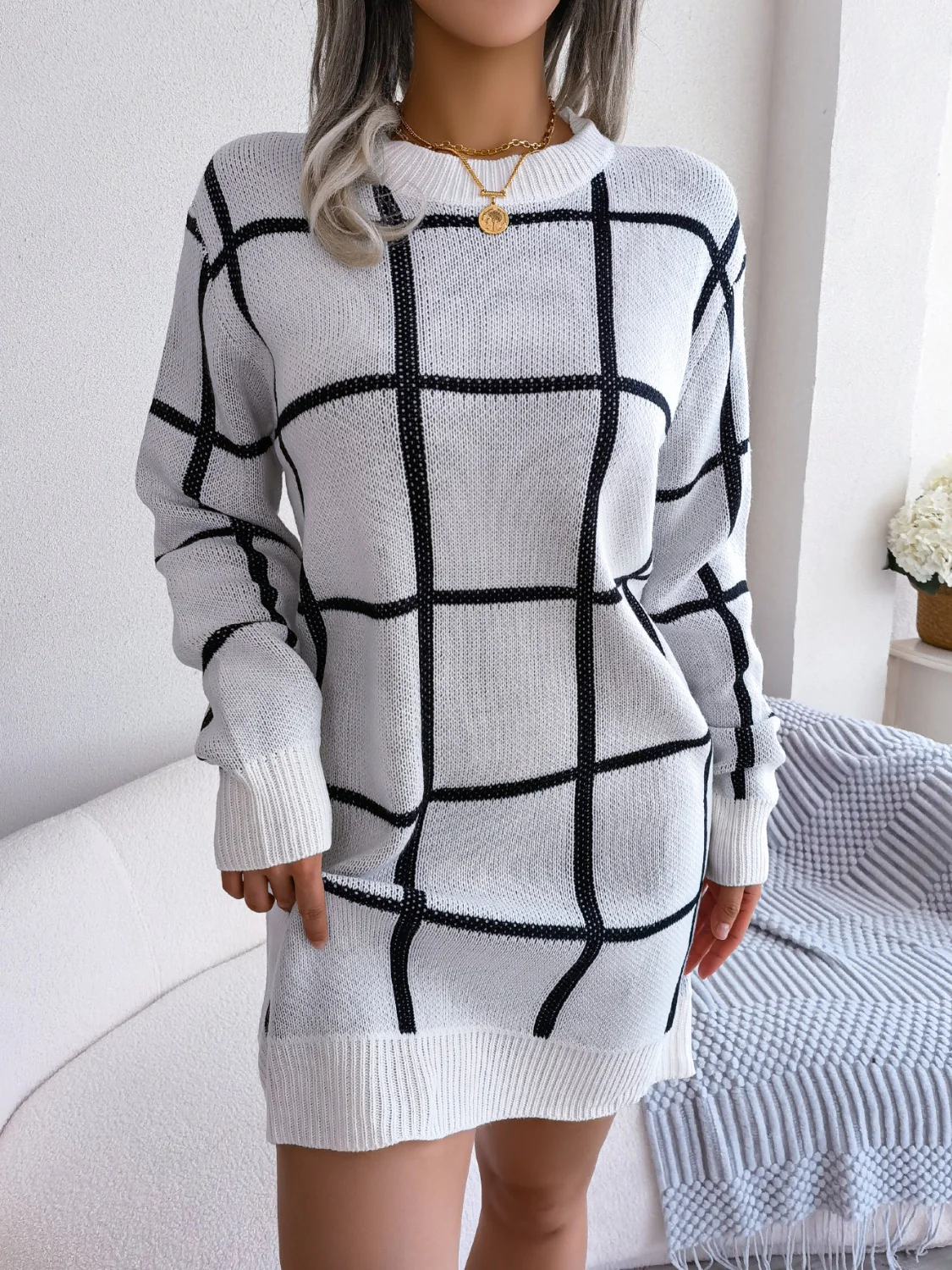 Plaid Round Neck Dropped Shoulder Sweater Dress - Image 6
