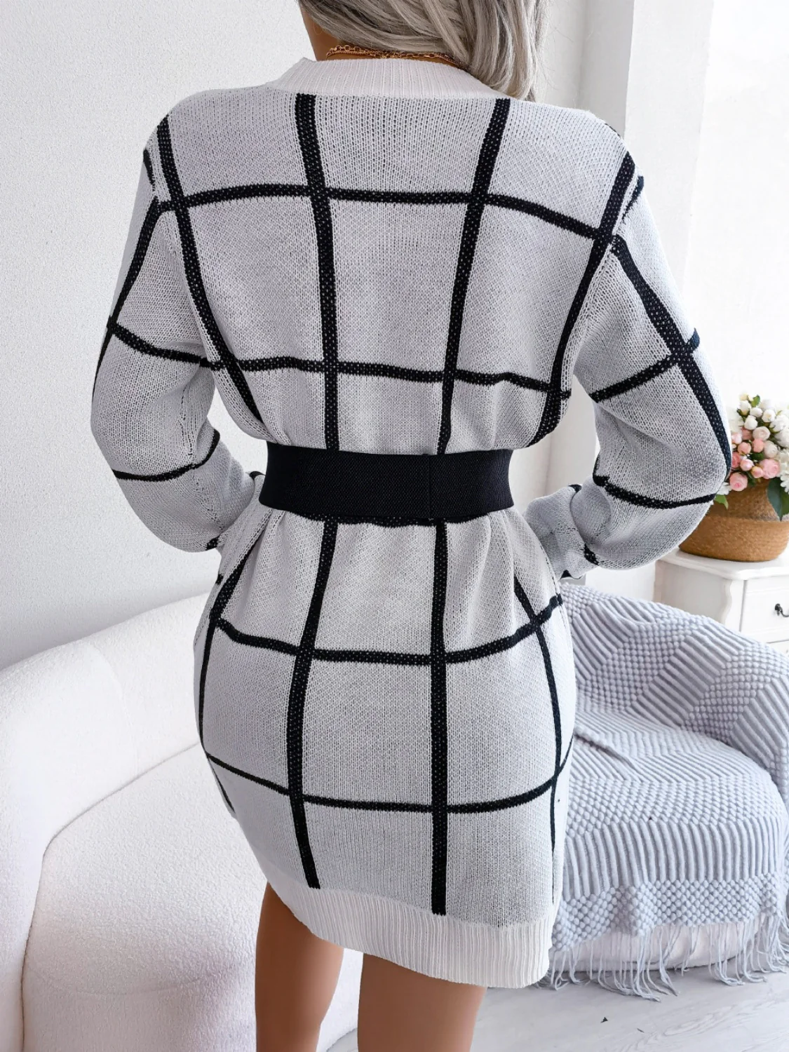 Plaid Round Neck Dropped Shoulder Sweater Dress - Image 8