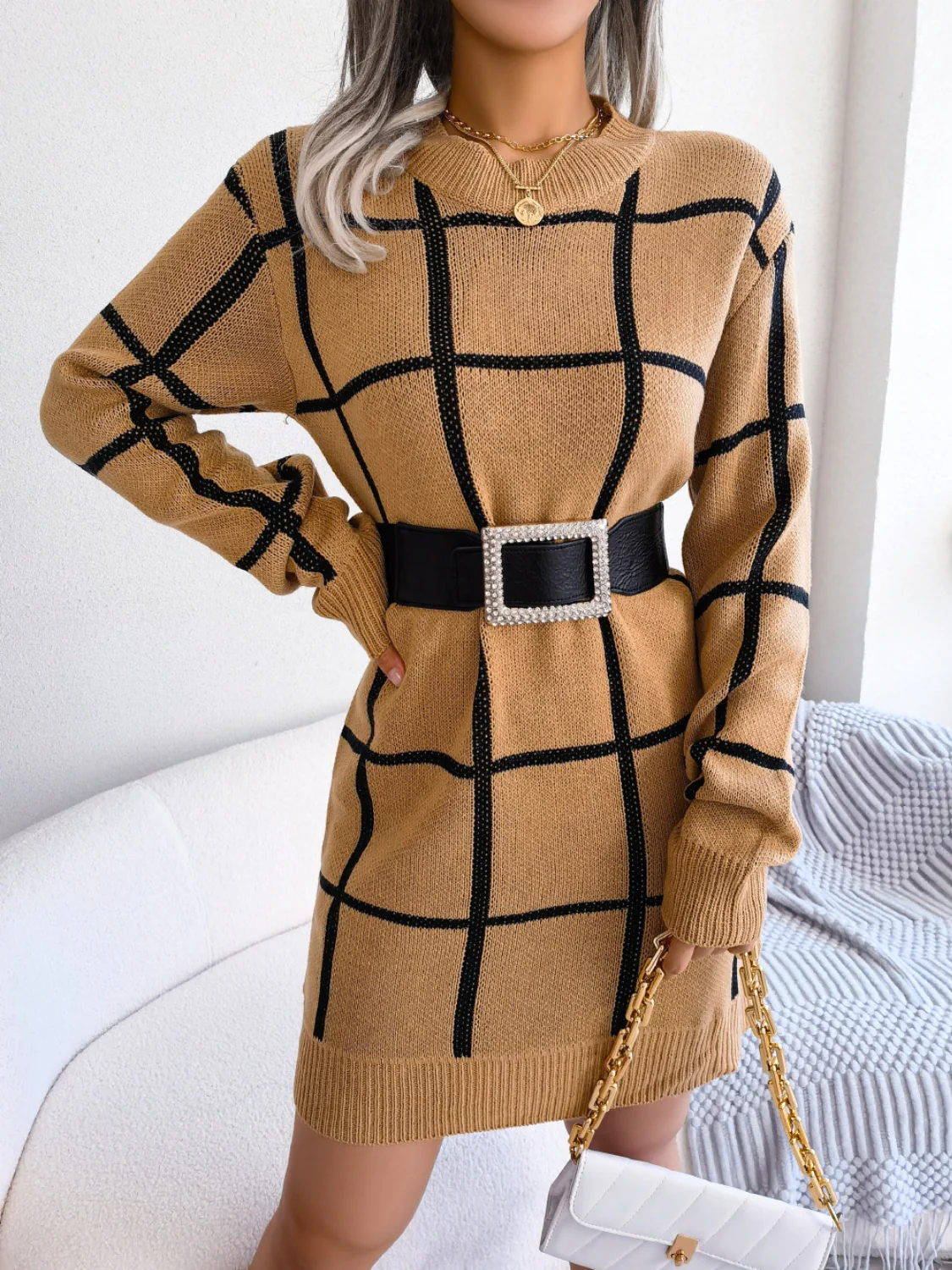 Plaid Round Neck Dropped Shoulder Sweater Dress - Image 9