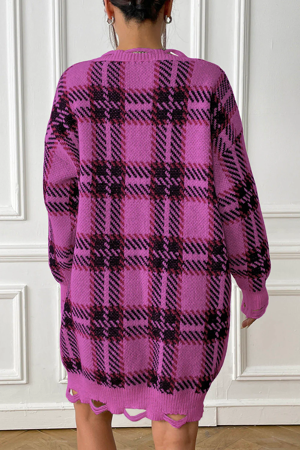 Plaid V-Neck Long Sleeve Sweater Dress - Image 12