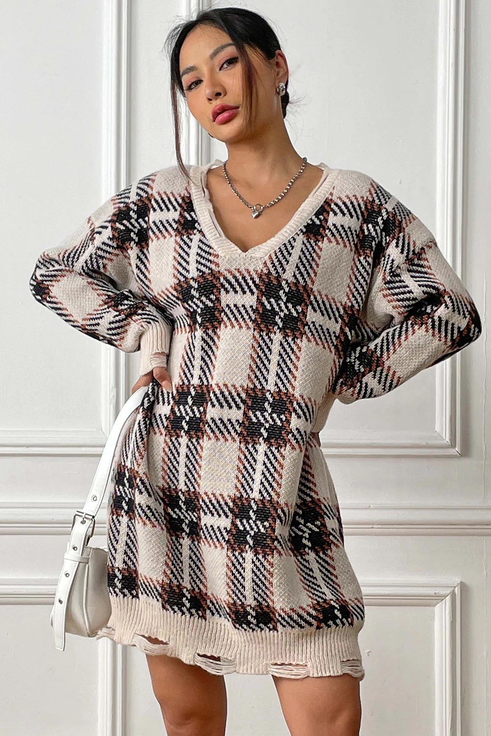 Plaid V-Neck Long Sleeve Sweater Dress - Image 13