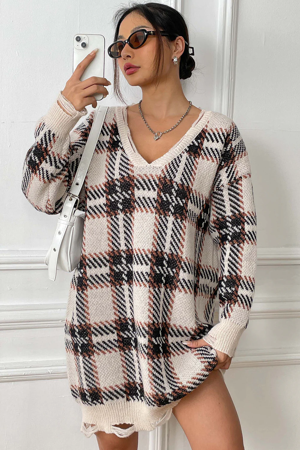 Plaid V-Neck Long Sleeve Sweater Dress - Image 14