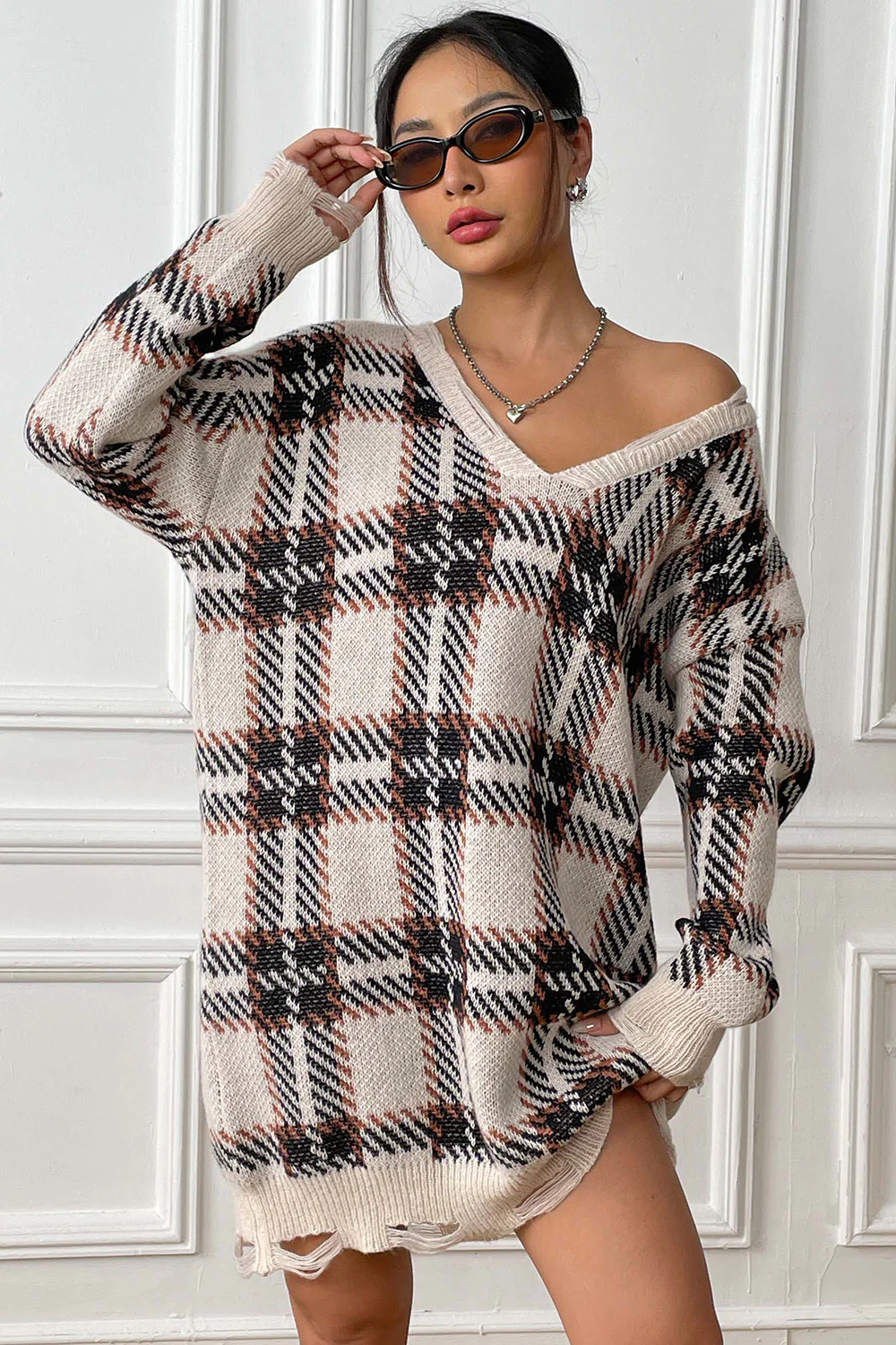Plaid V-Neck Long Sleeve Sweater Dress - Image 15