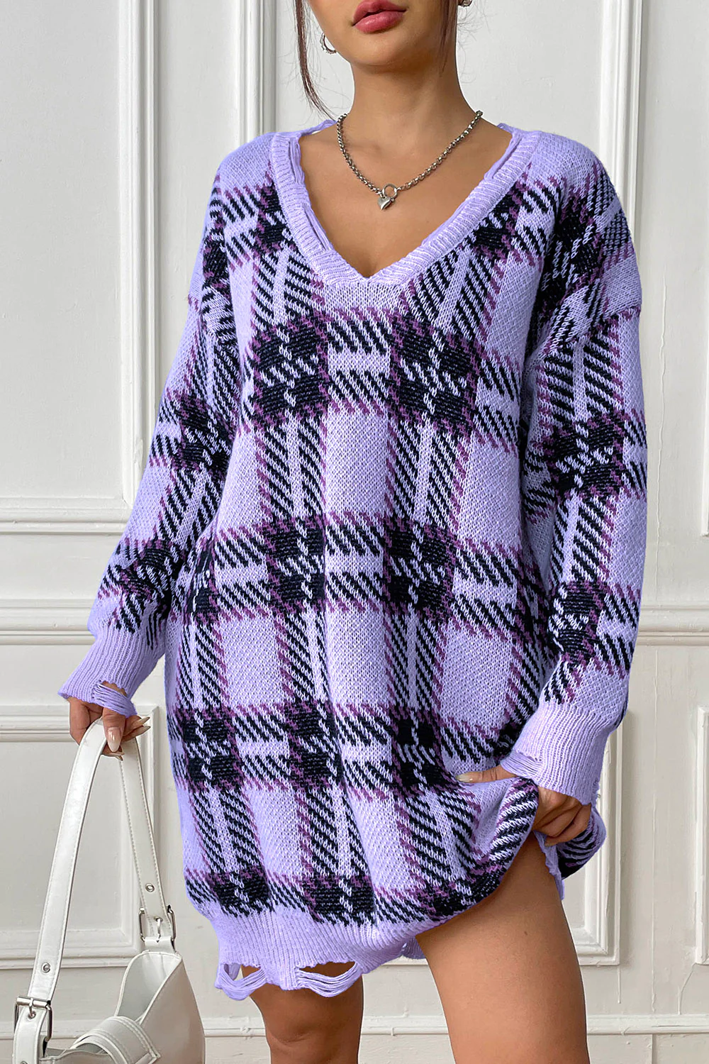 Plaid V-Neck Long Sleeve Sweater Dress - Image 3