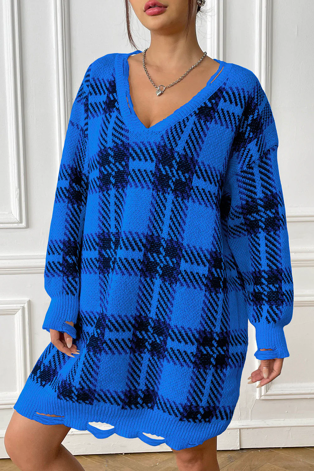 Plaid V-Neck Long Sleeve Sweater Dress - Image 5
