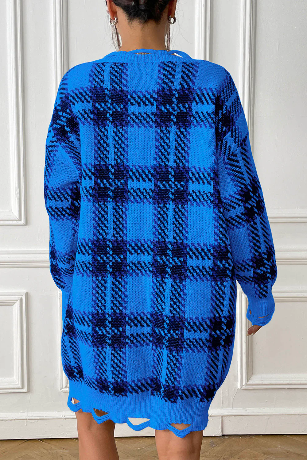 Plaid V-Neck Long Sleeve Sweater Dress - Image 8