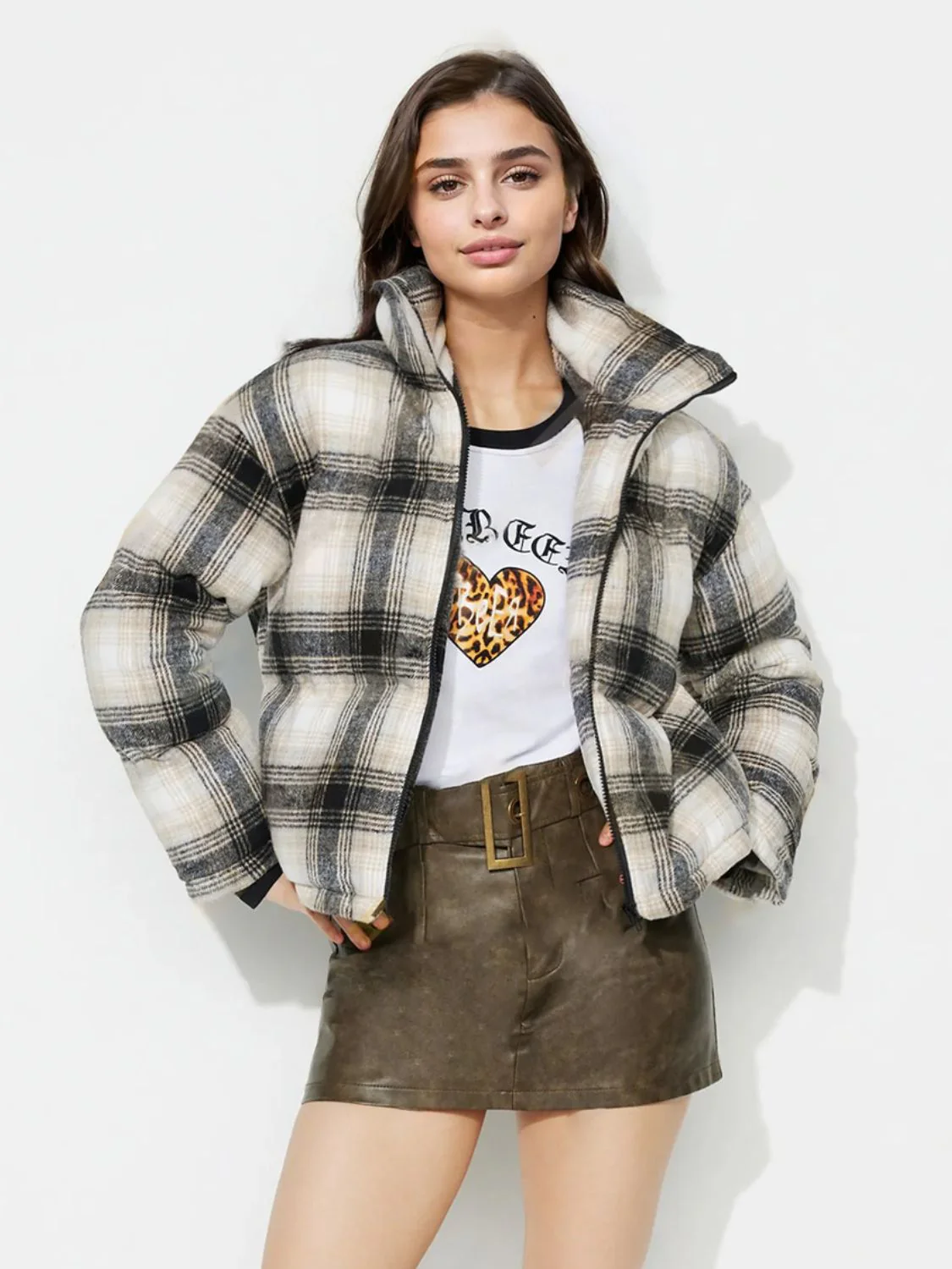 Plaid Zip Up Long Sleeve Jacket - Image 3