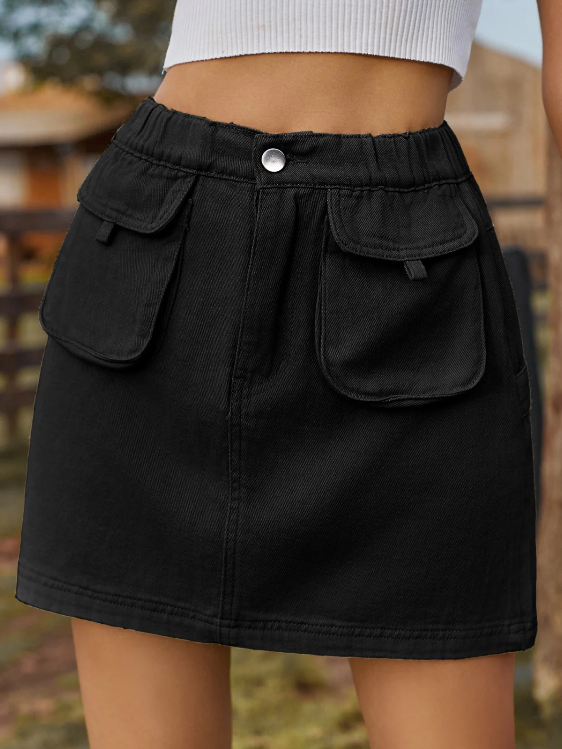 Pocketed Elastic Waist Denim Skirt - Image 8