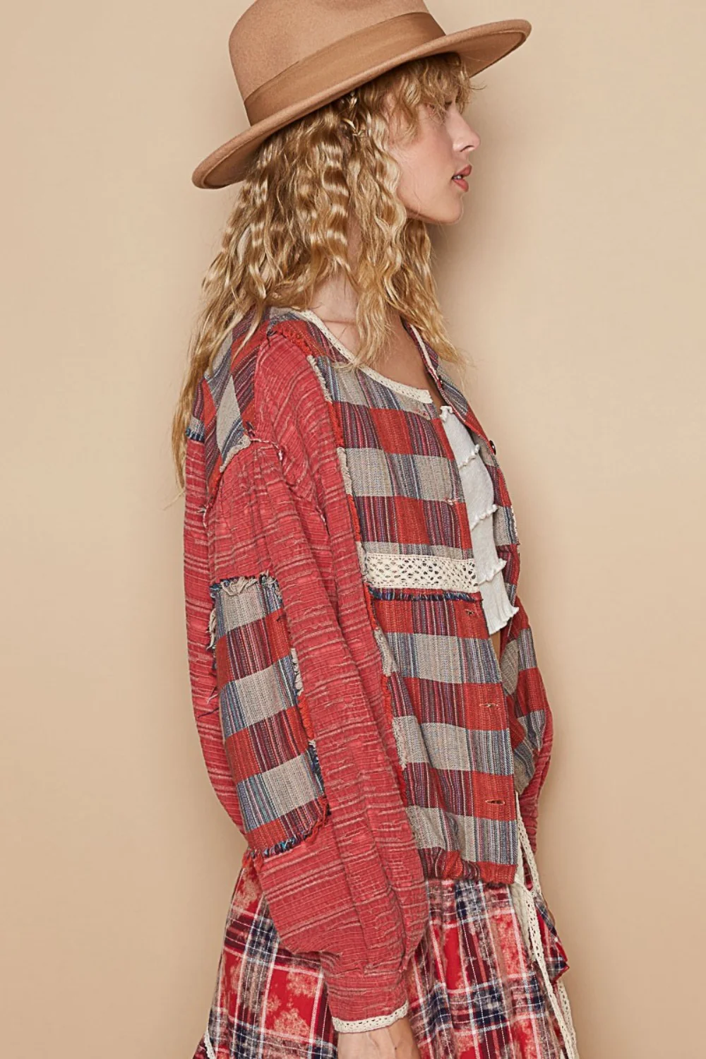 POL Round Neck Long Sleeve Plaid Shirt - Image 3