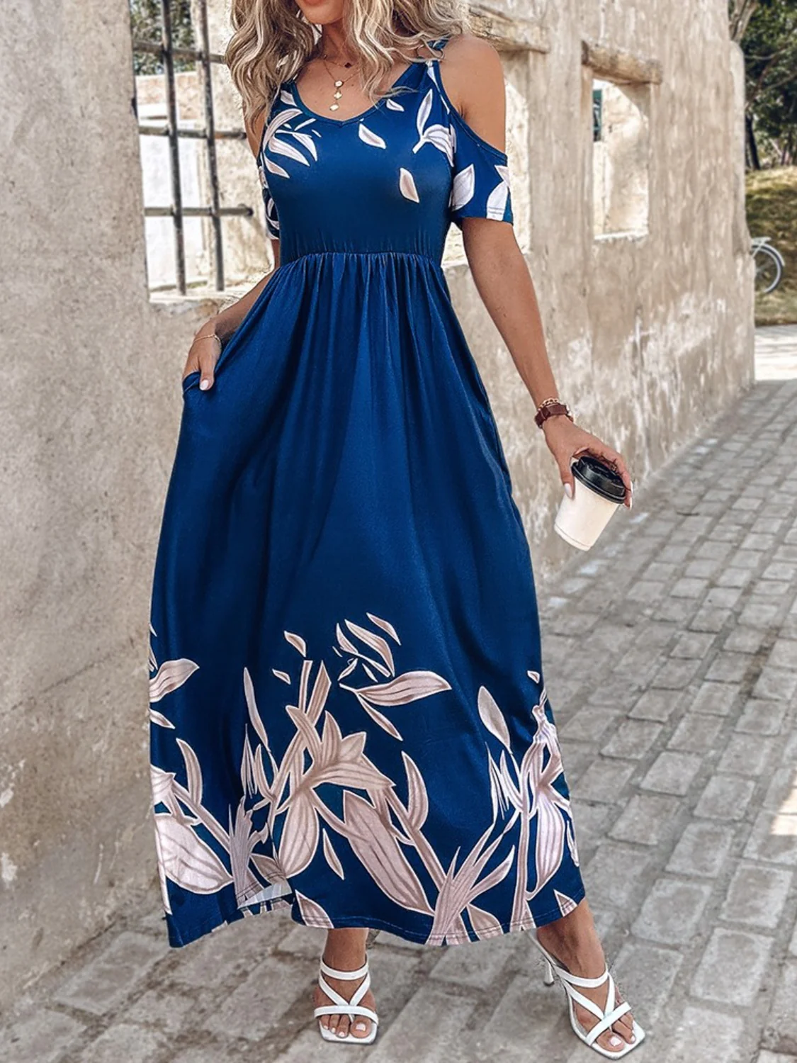 Printed Cold Shoulder Short Sleeve Maxi Dress - Image 4