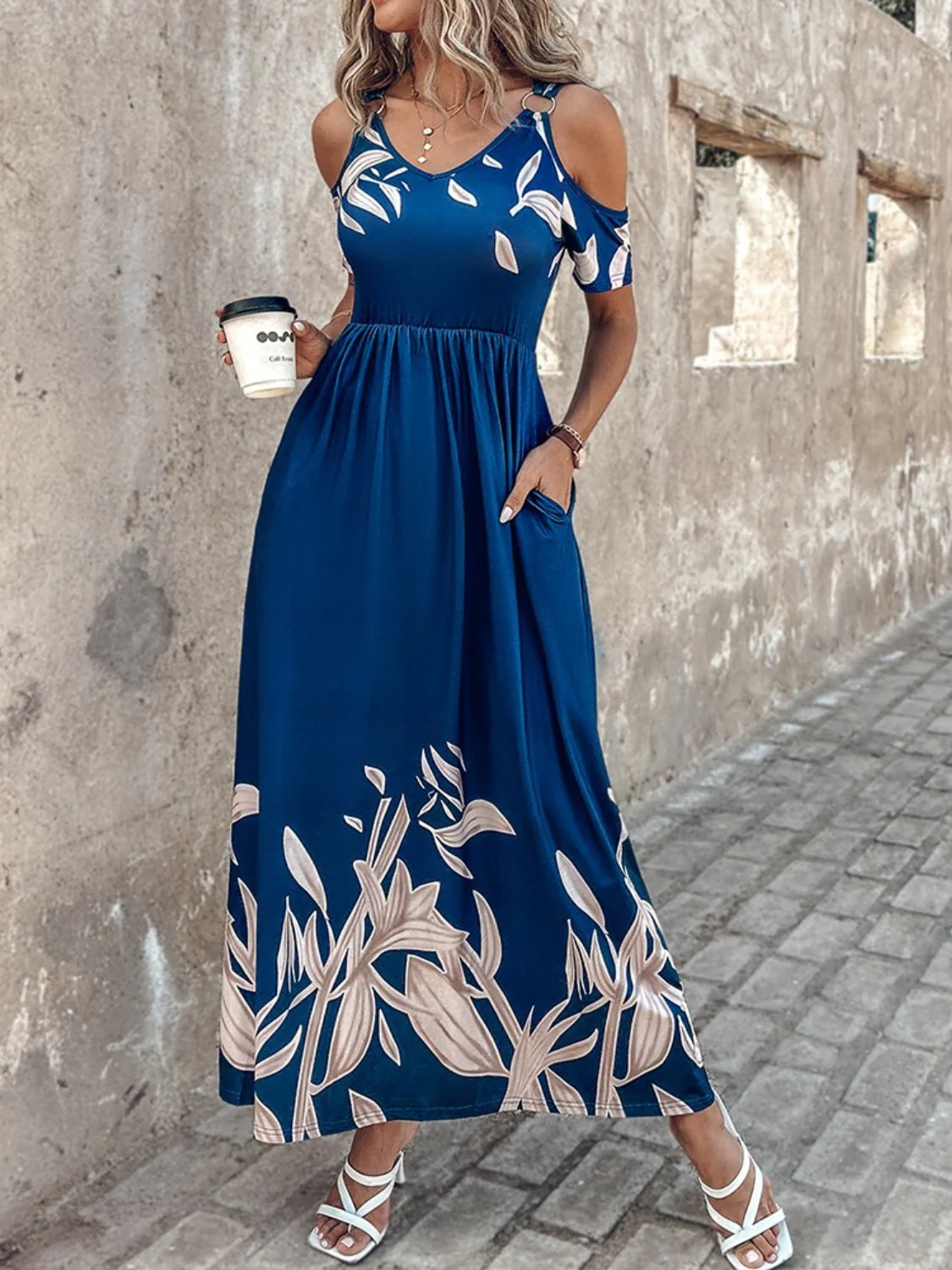 Printed Cold Shoulder Short Sleeve Maxi Dress - Image 5