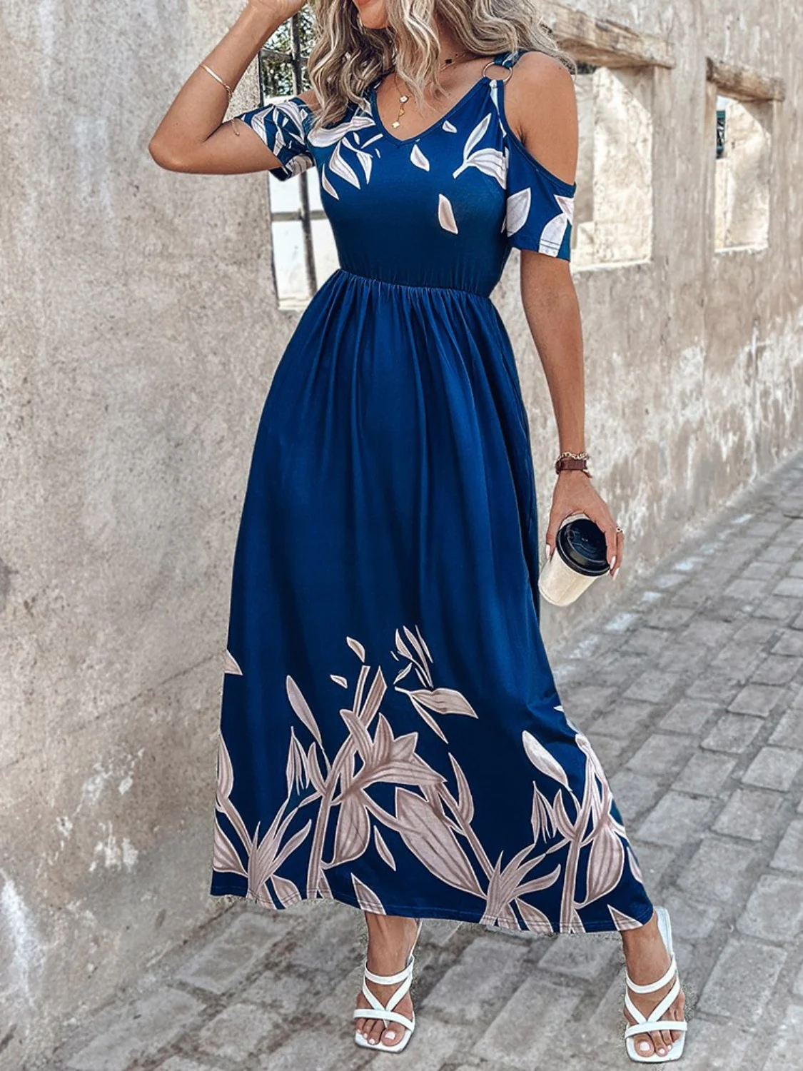 Printed Cold Shoulder Short Sleeve Maxi Dress - Image 7