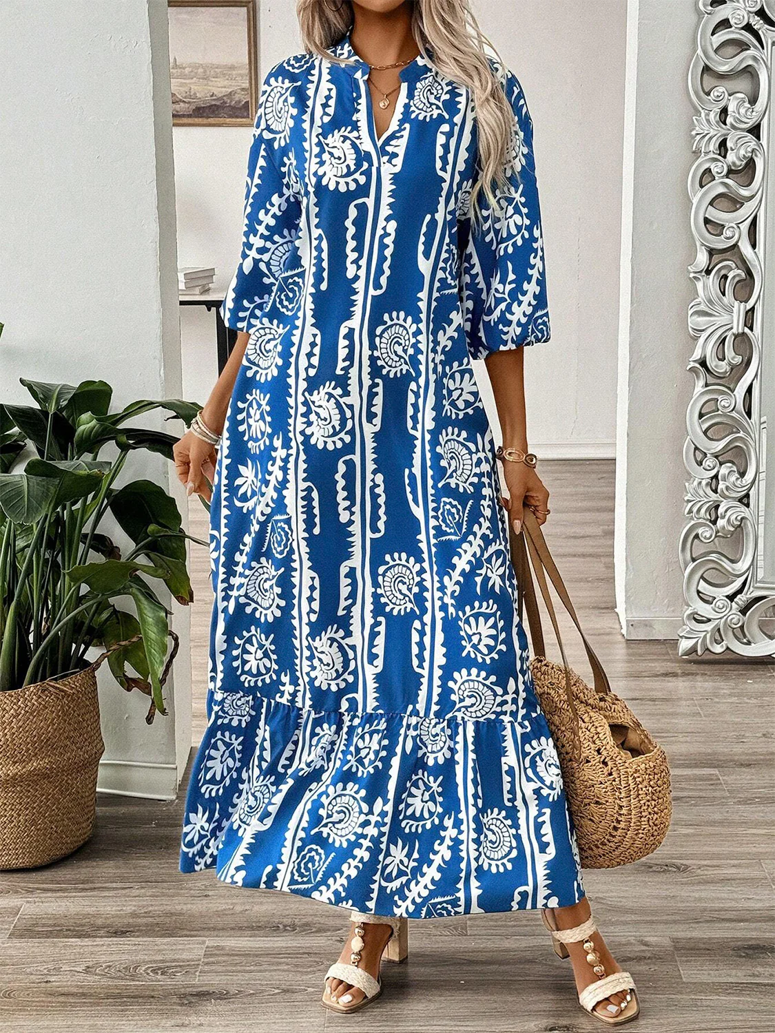 Printed Notched Half Sleeve Maxi Dress - Image 3