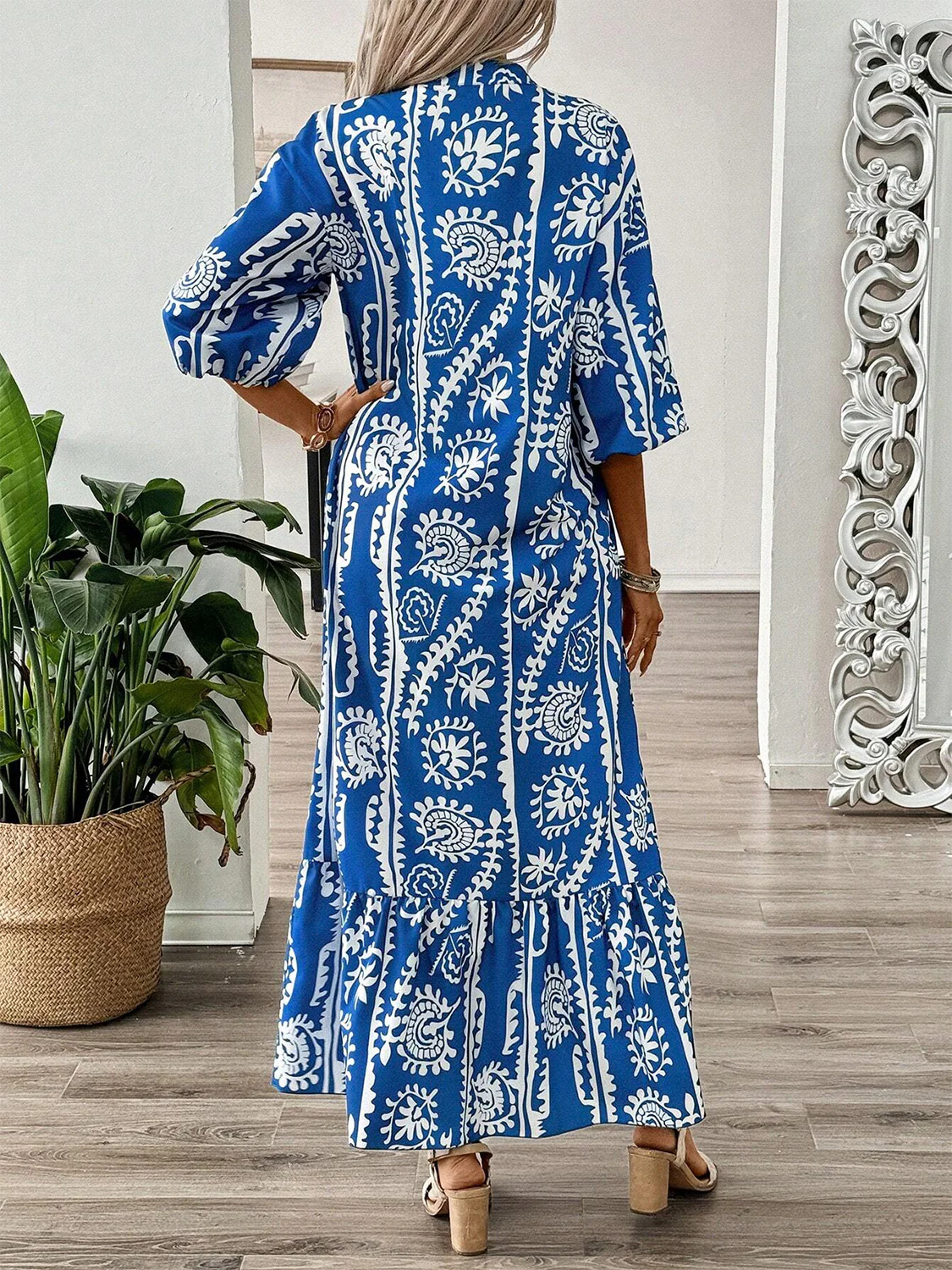 Printed Notched Half Sleeve Maxi Dress - Image 4