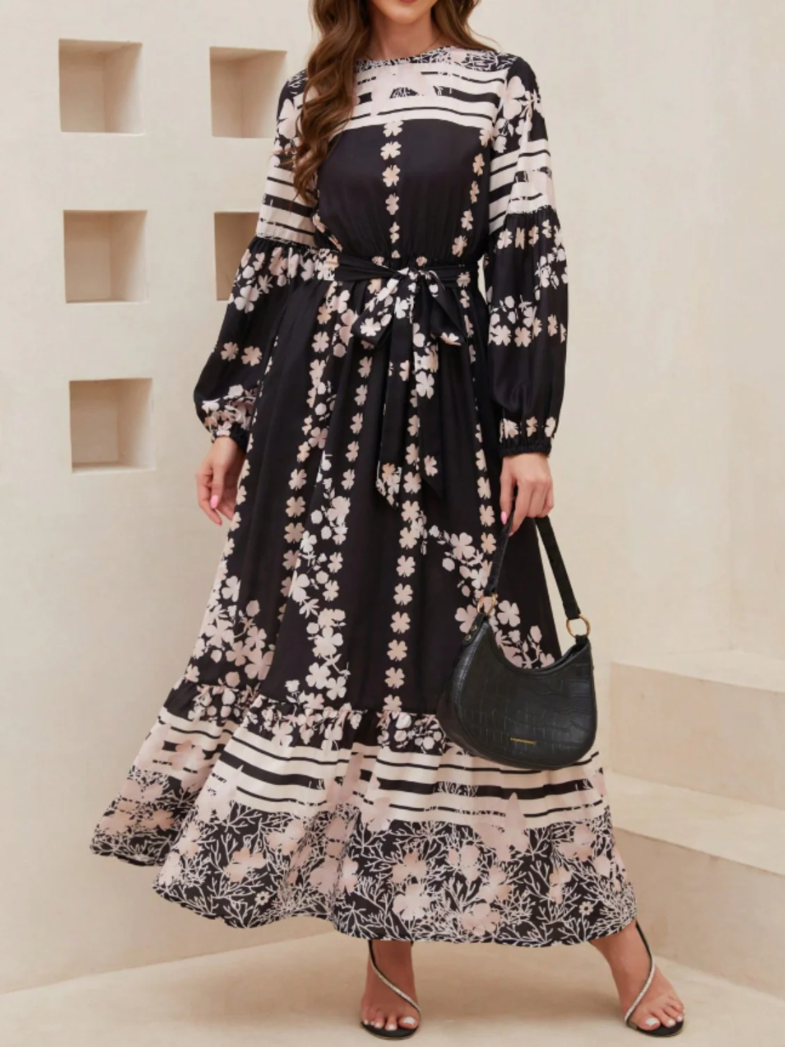 Printed Round Neck Long Sleeve Maxi Dress with Pockets - Image 3