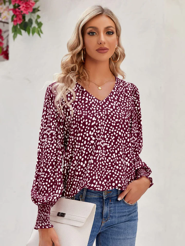 Printed V-Neck Lantern Sleeve Blouse - Image 10