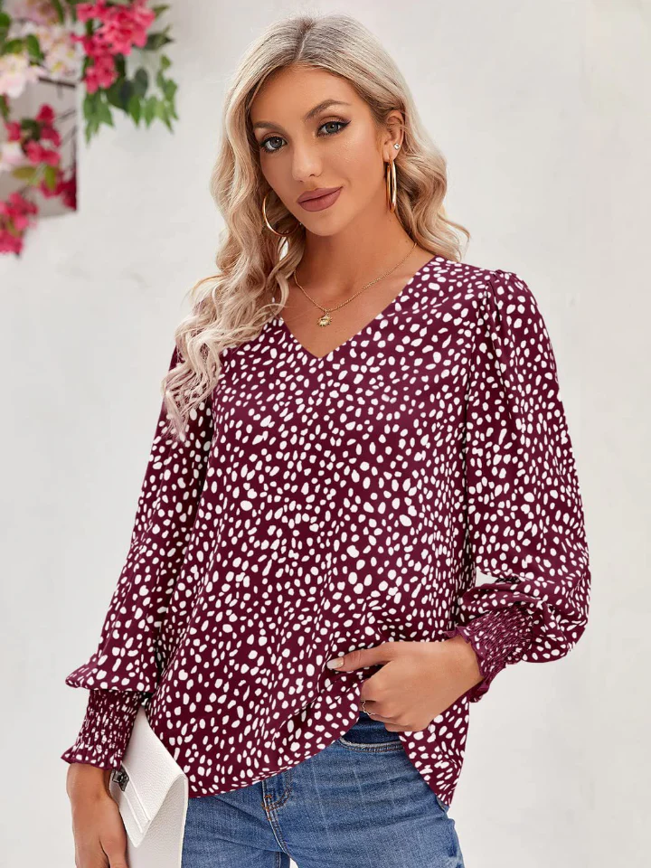 Printed V-Neck Lantern Sleeve Blouse - Image 11