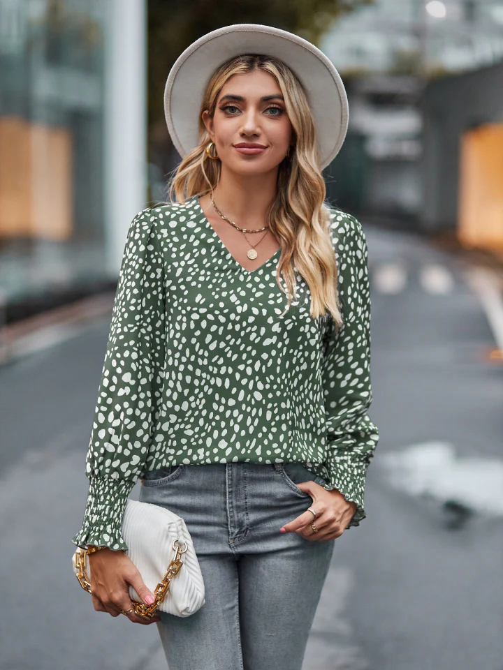 Printed V-Neck Lantern Sleeve Blouse - Image 13