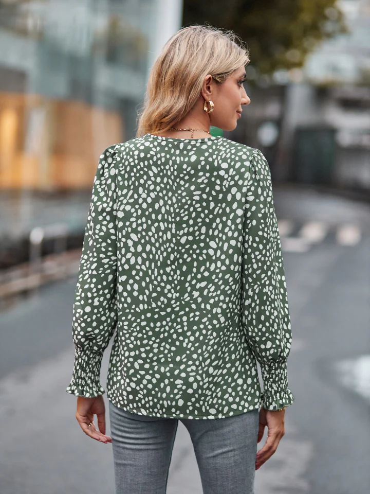 Printed V-Neck Lantern Sleeve Blouse - Image 15