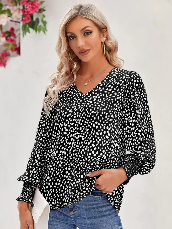 Printed V-Neck Lantern Sleeve Blouse - Image 3