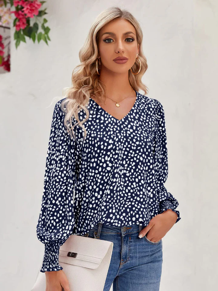 Printed V-Neck Lantern Sleeve Blouse - Image 4