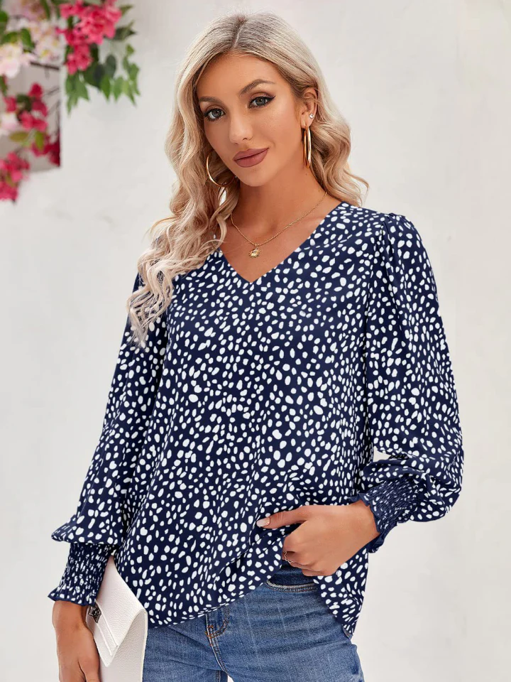 Printed V-Neck Lantern Sleeve Blouse - Image 5