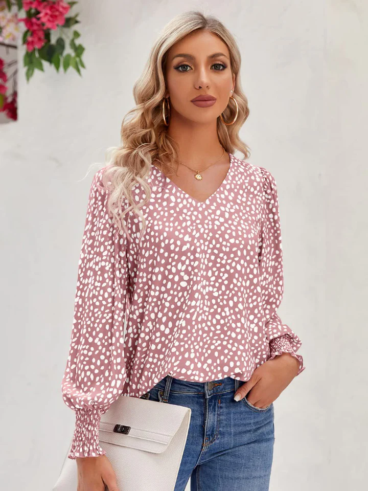 Printed V-Neck Lantern Sleeve Blouse - Image 7