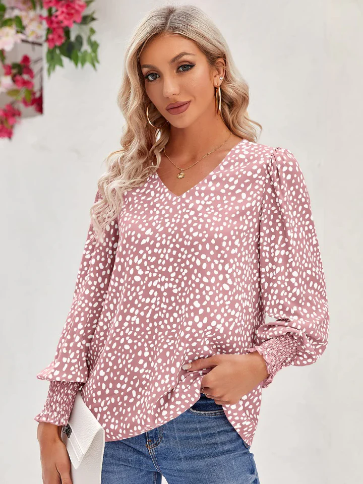 Printed V-Neck Lantern Sleeve Blouse - Image 8