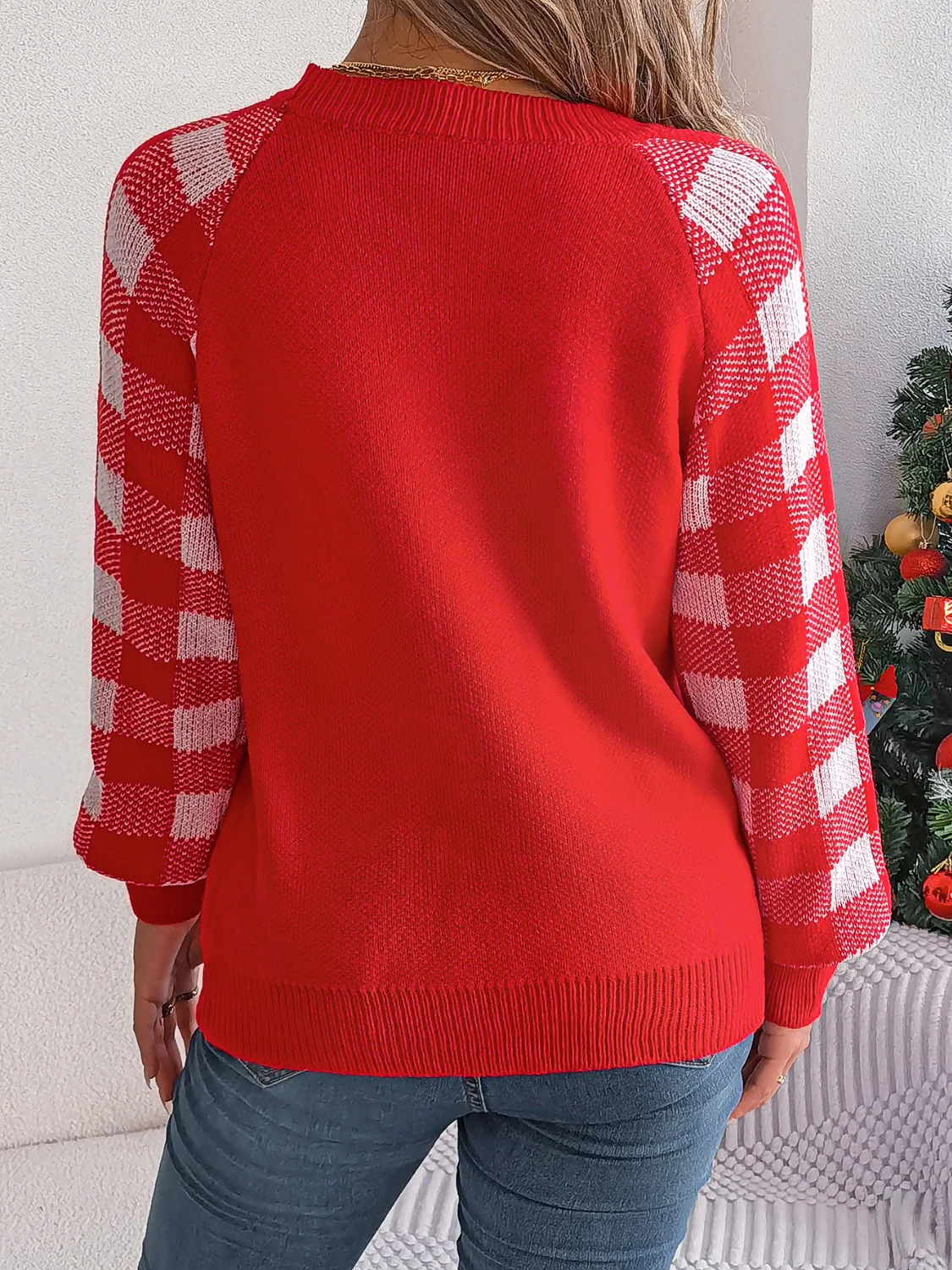 Reindeer Plaid Round Neck Long Sleeve Sweater - Image 10