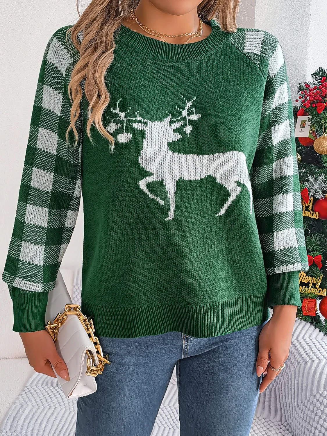 Reindeer Plaid Round Neck Long Sleeve Sweater - Image 14