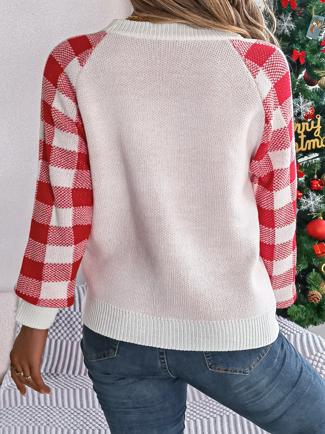Reindeer Plaid Round Neck Long Sleeve Sweater - Image 3