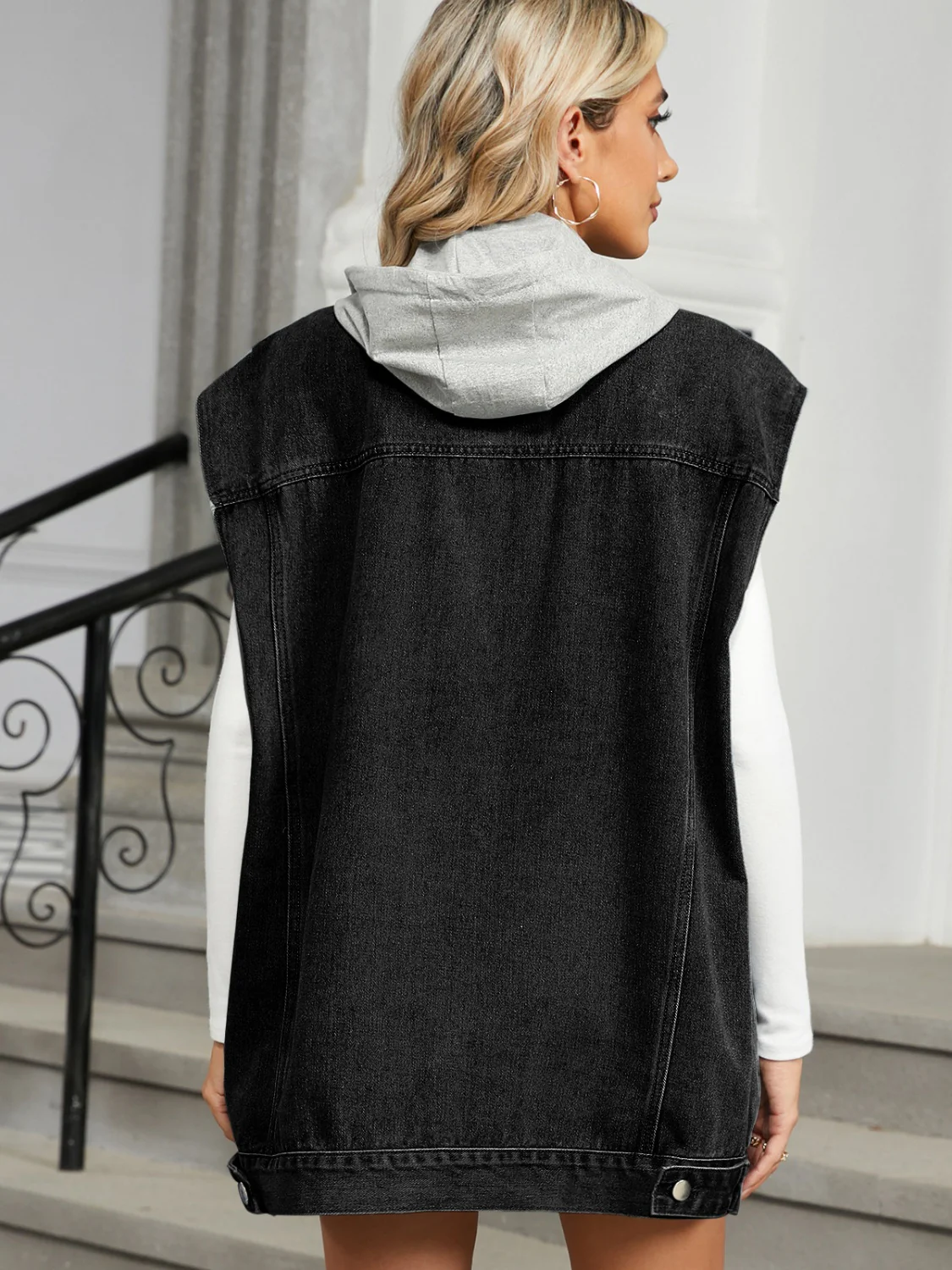 Removable Hood Button Up Cap Sleeve Denim Jacket - Image 6