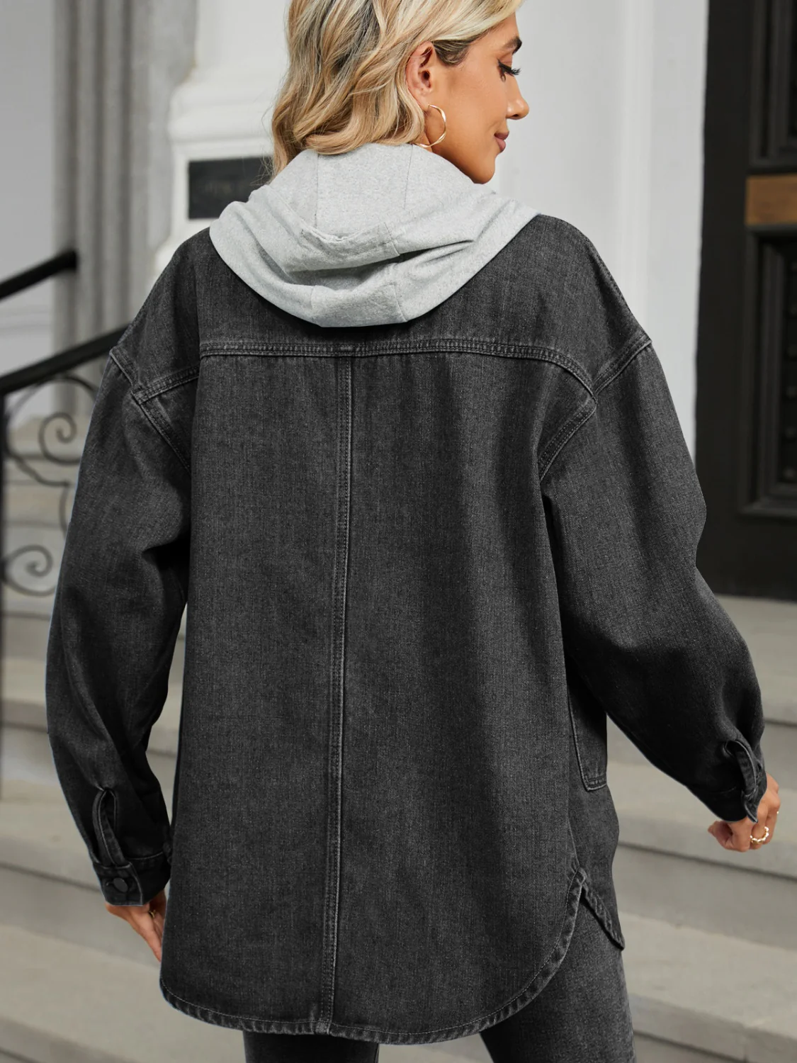 Removable Hood Button Up Long Sleeve Denim Jacket - Image 7