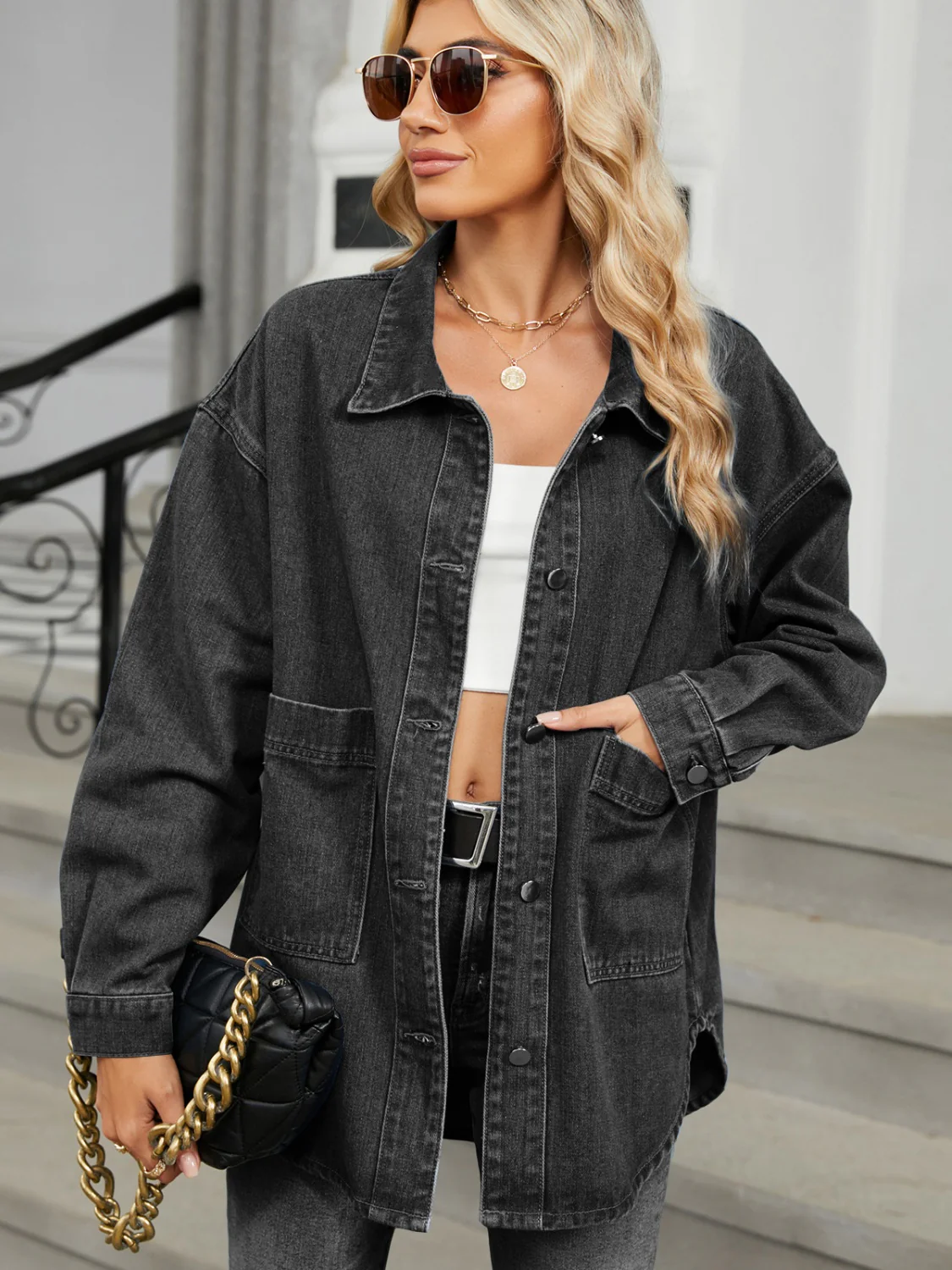 Removable Hood Button Up Long Sleeve Denim Jacket - Image 8