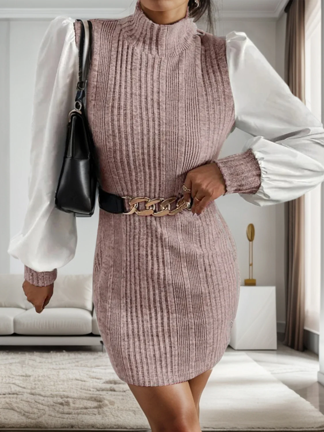 Ribbed Contrast Long Sleeve Sweater Dress - Image 4