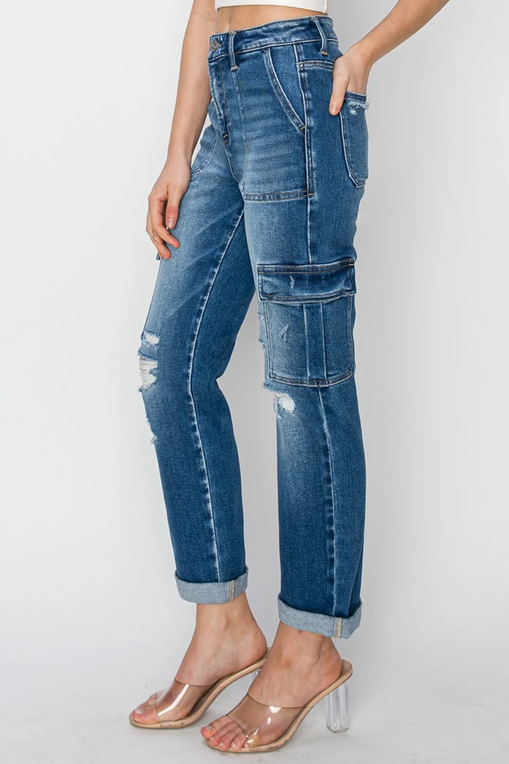 RISEN Full Size High Rise Cargo Ankle Roll Up Straight Jeans - Image 3
